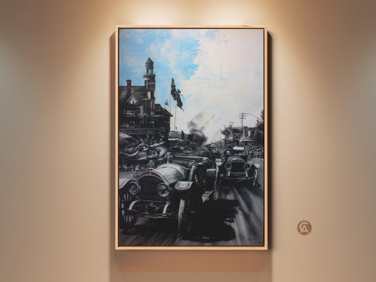 Experience the thrill of vintage racing. This artwork shows classic cars speeding through a historic town. The painting captures the essence of early 20th-century motorsport. It's a dynamic and nostalgic piece perfect for car enthusiasts. Add a touch of history to your space with this framed canvas art.