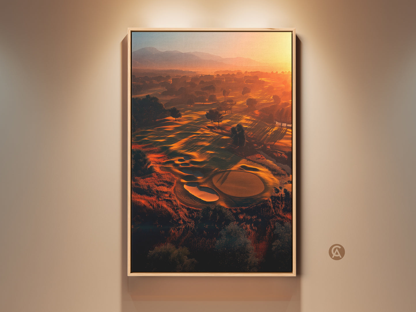 Experience the beauty of a golf course at sunrise with this stunning framed artwork. Golden light illuminates the green landscape. This piece brings a touch of nature and sport to any room. Perfect for golf enthusiasts and art collectors alike. Add warmth and sophistication to your home decor with this unique art piece.