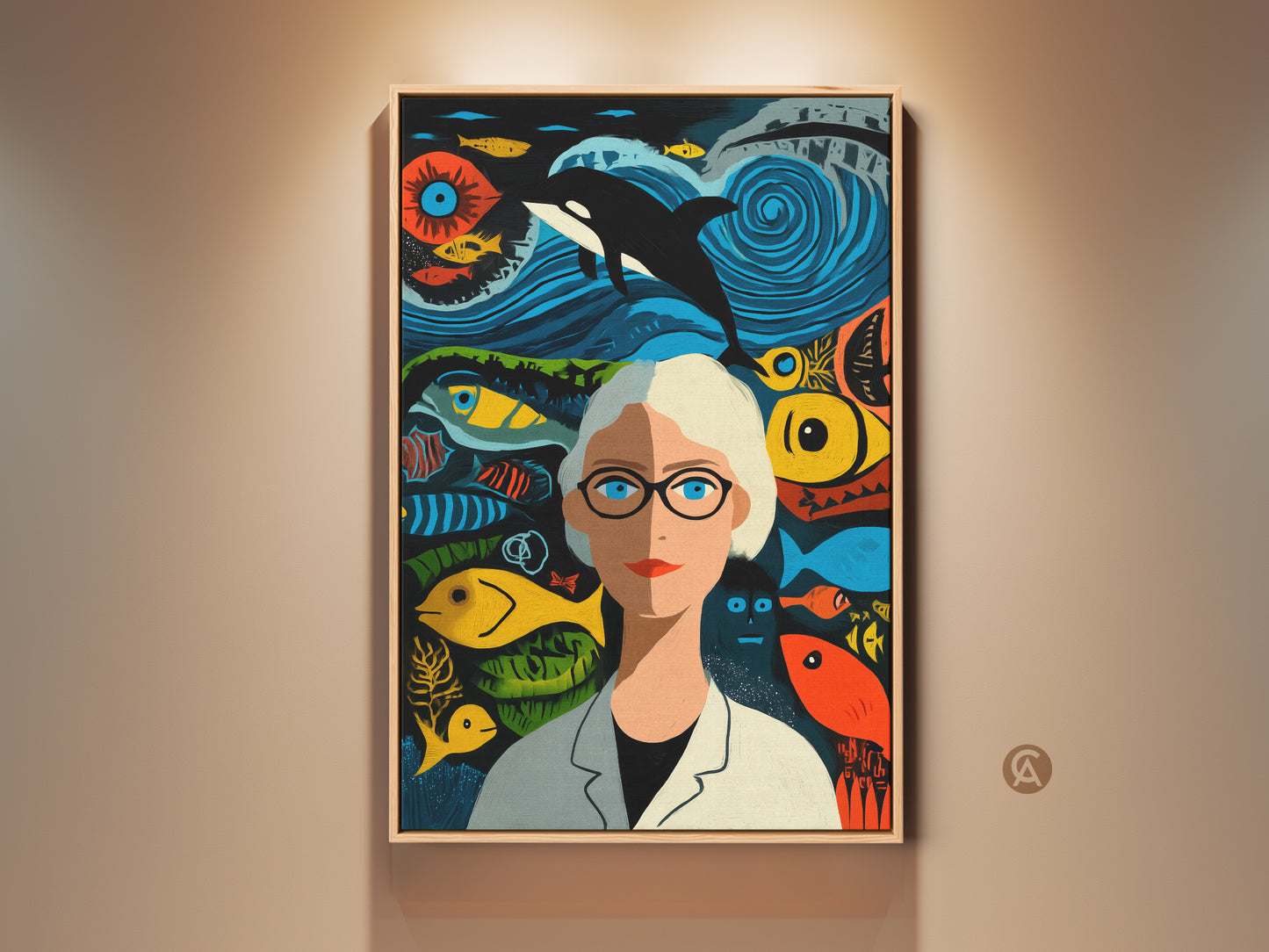 Eclectic home decor idea. This canvas wall art shows a marine biologist portrait. A Orca whale and ocean life surround her. Teal blue orange colors give this unique art print its charm. It is a thoughtful gift for a marine science enthusiast or a doctor.