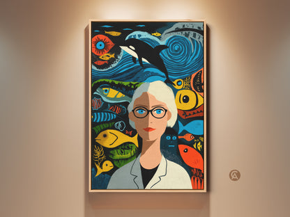Eclectic home decor idea. This canvas wall art shows a marine biologist portrait. A Orca whale and ocean life surround her. Teal blue orange colors give this unique art print its charm. It is a thoughtful gift for a marine science enthusiast or a doctor.