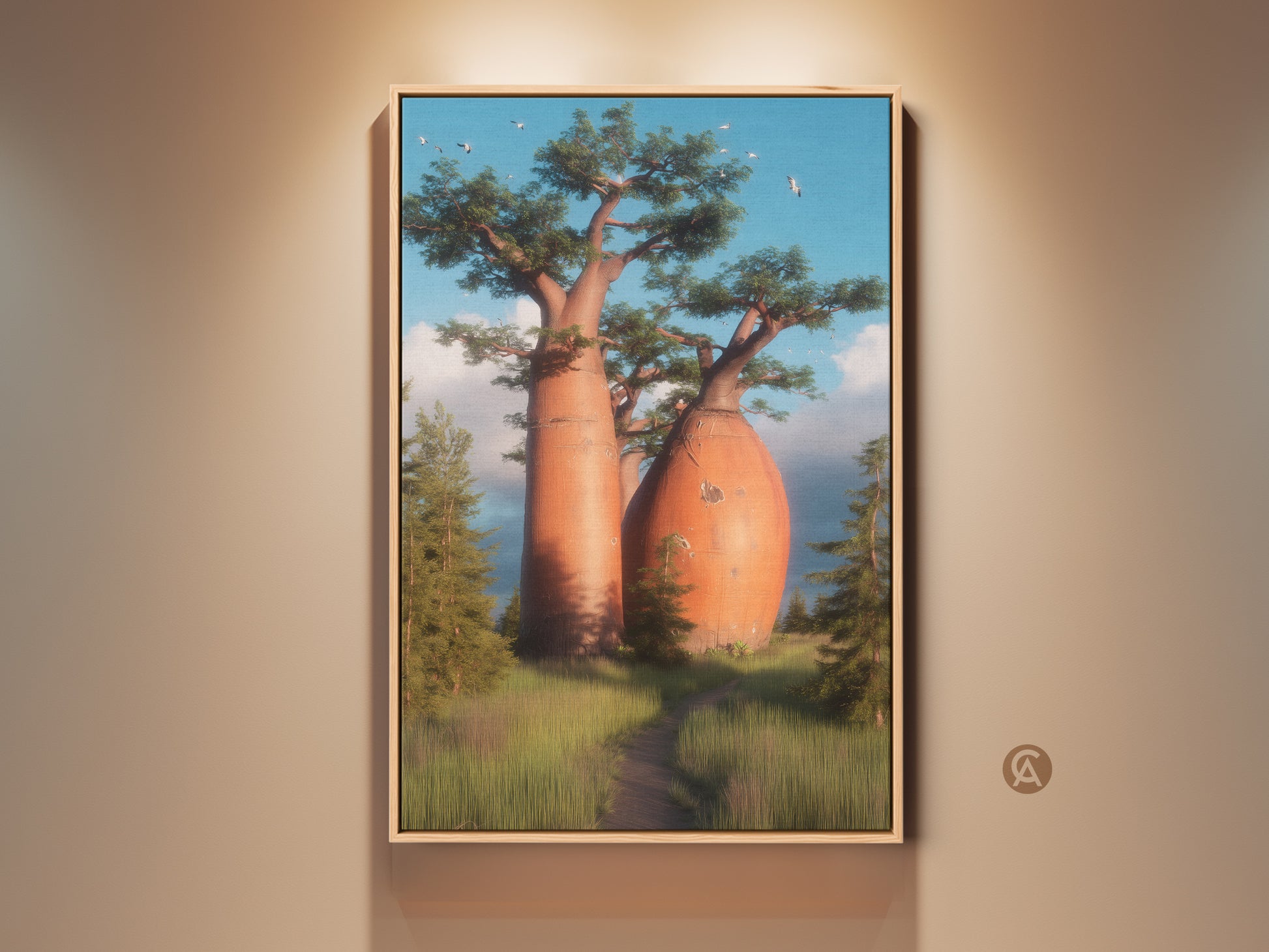 Framed canvas artwork featuring an African Savanna landscape. It shows iconic baobab trees in realistic nature photography. The orange and blue hues bring the savanna's warmth to your home. A perfect housewarming gift for travel lovers to add eclectic style to wall decor.