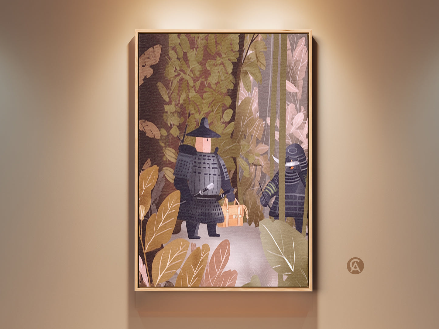 Framed flat samurai warrior art. This Japanese forest scene features earthy brown and muted green tones. A modern office decor canvas that blends history and art. Perfect for unique home or study decor