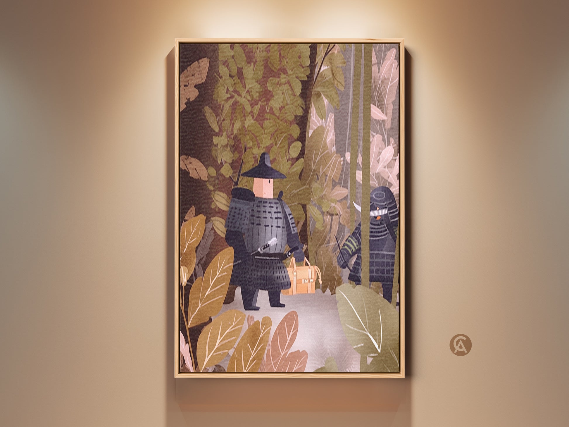 Framed flat samurai warrior art. This Japanese forest scene features earthy brown and muted green tones. A modern office decor canvas that blends history and art. Perfect for unique home or study decor