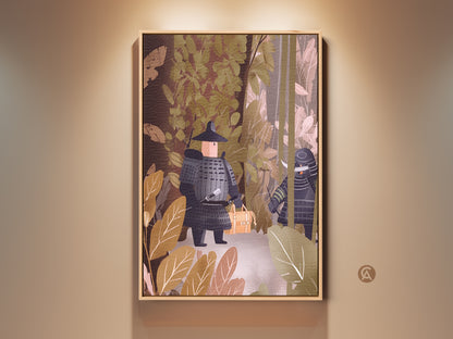 Framed flat samurai warrior art. This Japanese forest scene features earthy brown and muted green tones. A modern office decor canvas that blends history and art. Perfect for unique home or study decor