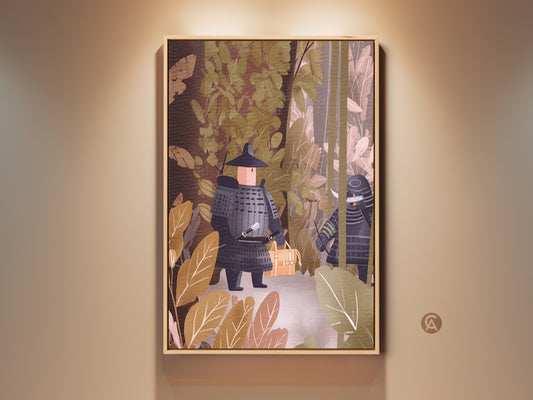 Framed flat samurai warrior art. This Japanese forest scene features earthy brown and muted green tones. A modern office decor canvas that blends history and art. Perfect for unique home or study decor