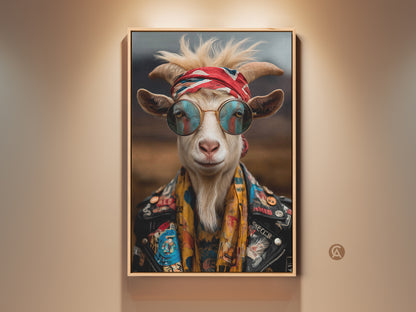 Framed cool goat canvas print. This rockstar vibe wall decor features a charismatic goat. It is wearing sunglasses bandana and leather jacket. A perfect wildlife lover gift for safari lodge or bohemian decor.