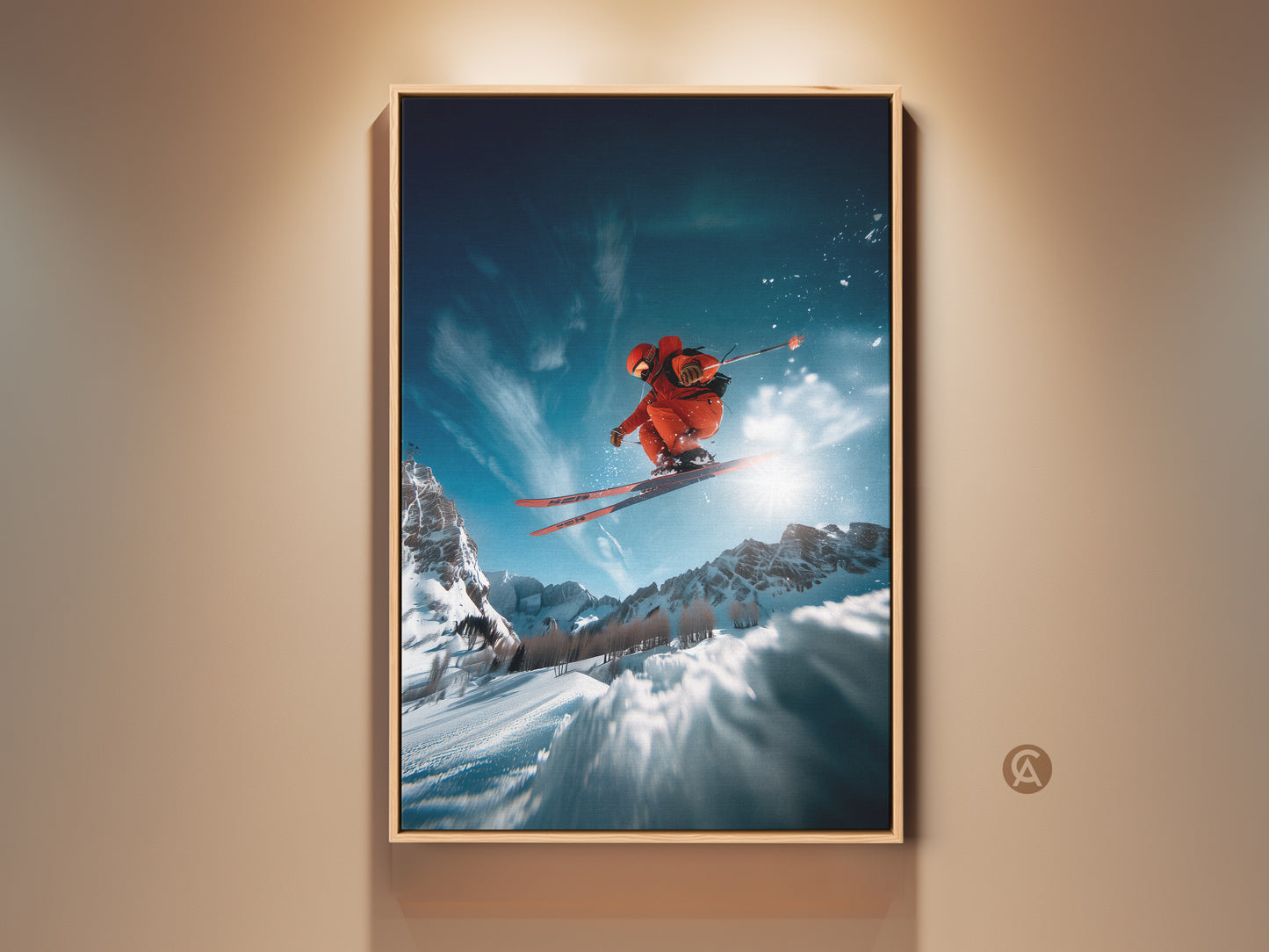 Framed artwork featuring a skier in mid-air. The skier is set against a backdrop of snow-capped mountains and a bright sun. This action shot captures the thrill of winter sports. Perfect wall art for ski enthusiasts. It comes ready to hang and enjoy.