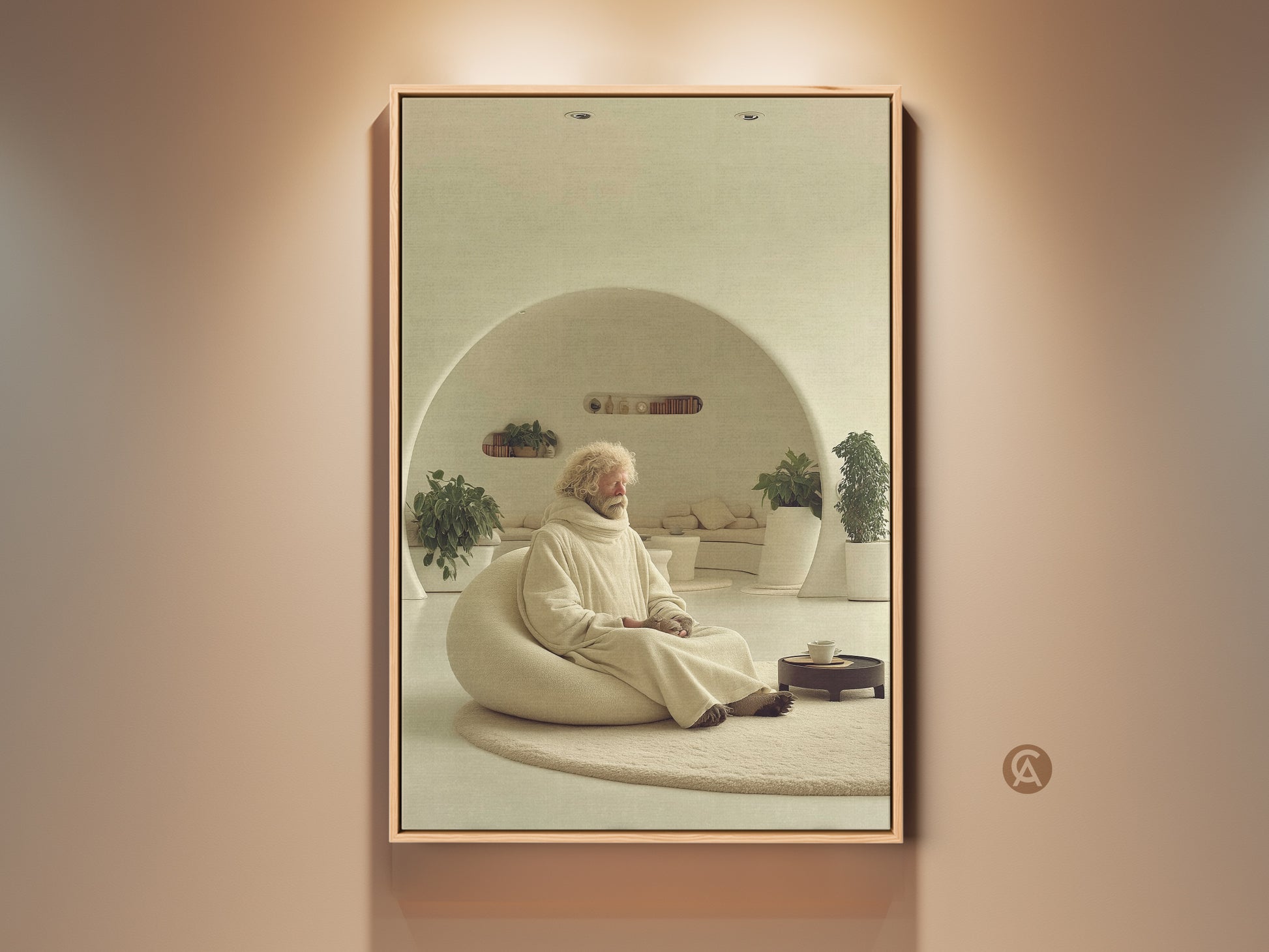 Beige Cream Minimalist art print shows an elderly man in meditation pose. The artwork embodies Zen in a Wabi-Sabi setting. A tranquil piece of neutral home decor for spiritual calm Wabi-Sabi bedroom wall or mindful living space. This beige cream art offers peaceful interior decor. It is a unique wall hanging for home offices