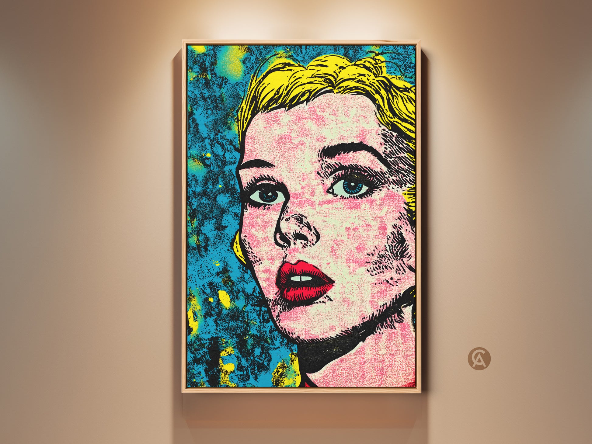 Framed pop art portrait of a blonde woman with red lips. This artwork adds a modern touch to any wall. The vivid colors and striking composition capture attention. It's a bold statement piece.