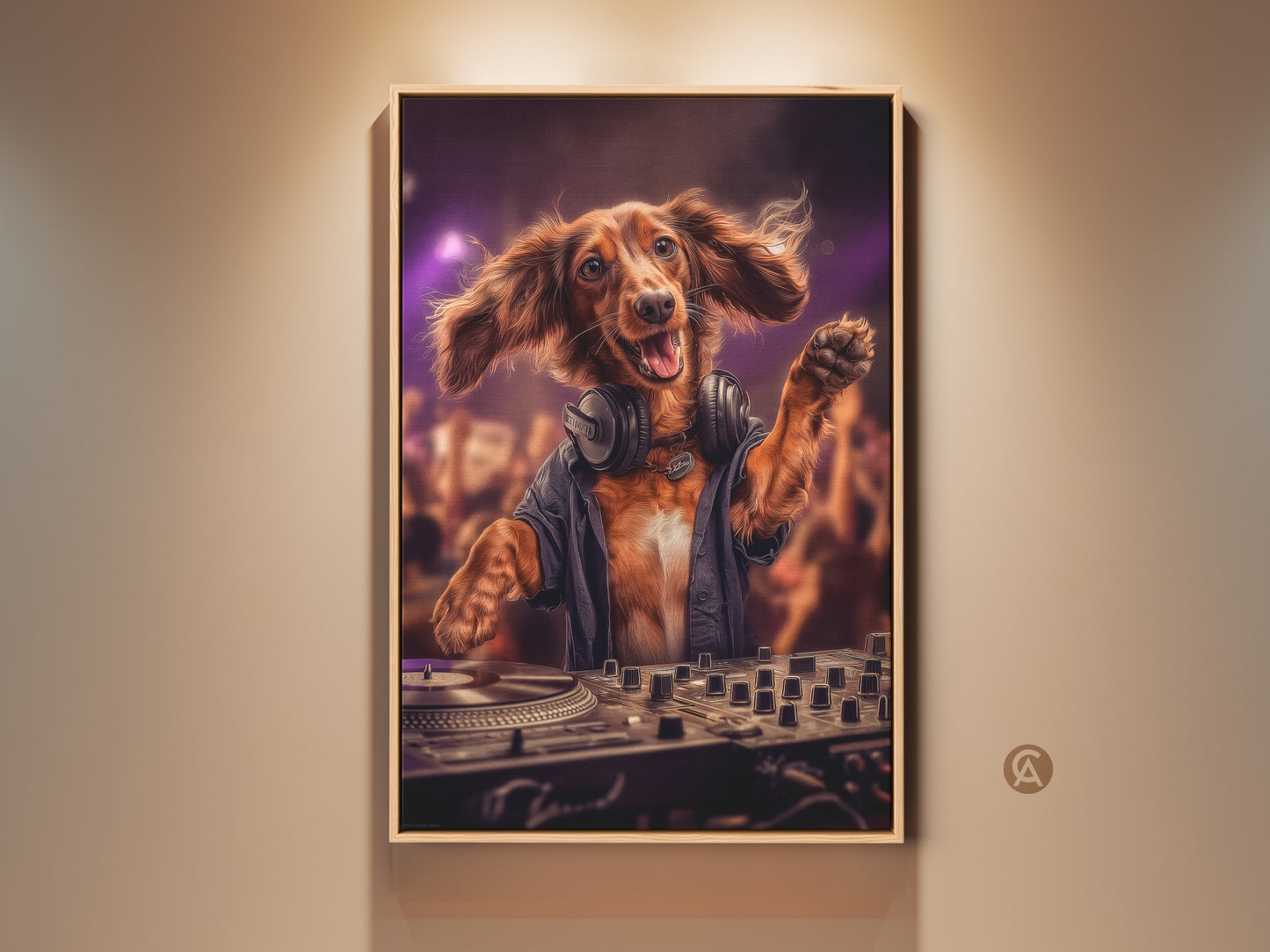 Dog DJ canvas art is perfect for a bar or man cave. This artwork features a brown Dachshund with headphones. It shows him DJing at a party with purple lighting. This dog art is a unique gift for dog and music lovers. It adds an eclectic touch to any home decor.
