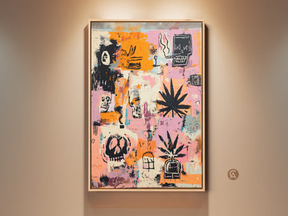 Framed abstract artwork with skulls and cannabis leaves. The piece features a mix of orange black and pink hues. This contemporary painting offers a bold statement. Perfect for modern art collectors seeking unique wall decor.