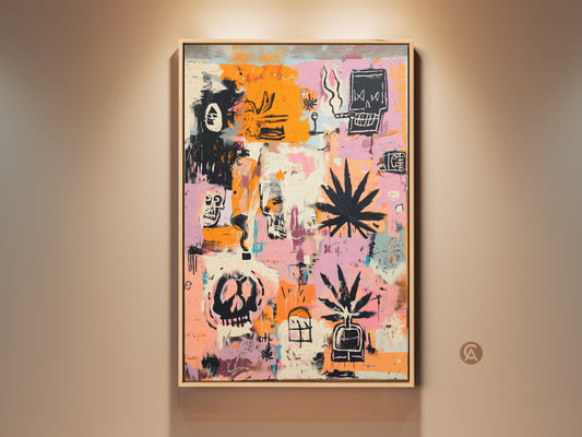 Framed abstract artwork with skulls and cannabis leaves. The piece features a mix of orange black and pink hues. This contemporary painting offers a bold statement. Perfect for modern art collectors seeking unique wall decor.