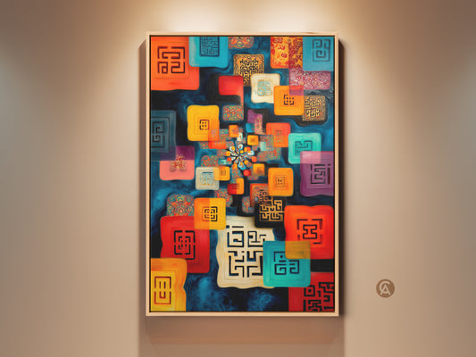 A captivating colorful geometric art print is displayed in a natural wood frame. This abstract mandala canvas artwork would be a striking piece for any contemporary eclectic decor. It will add a vibrant touch to an entry hall or any room. A thoughtful gift idea for art lovers too.