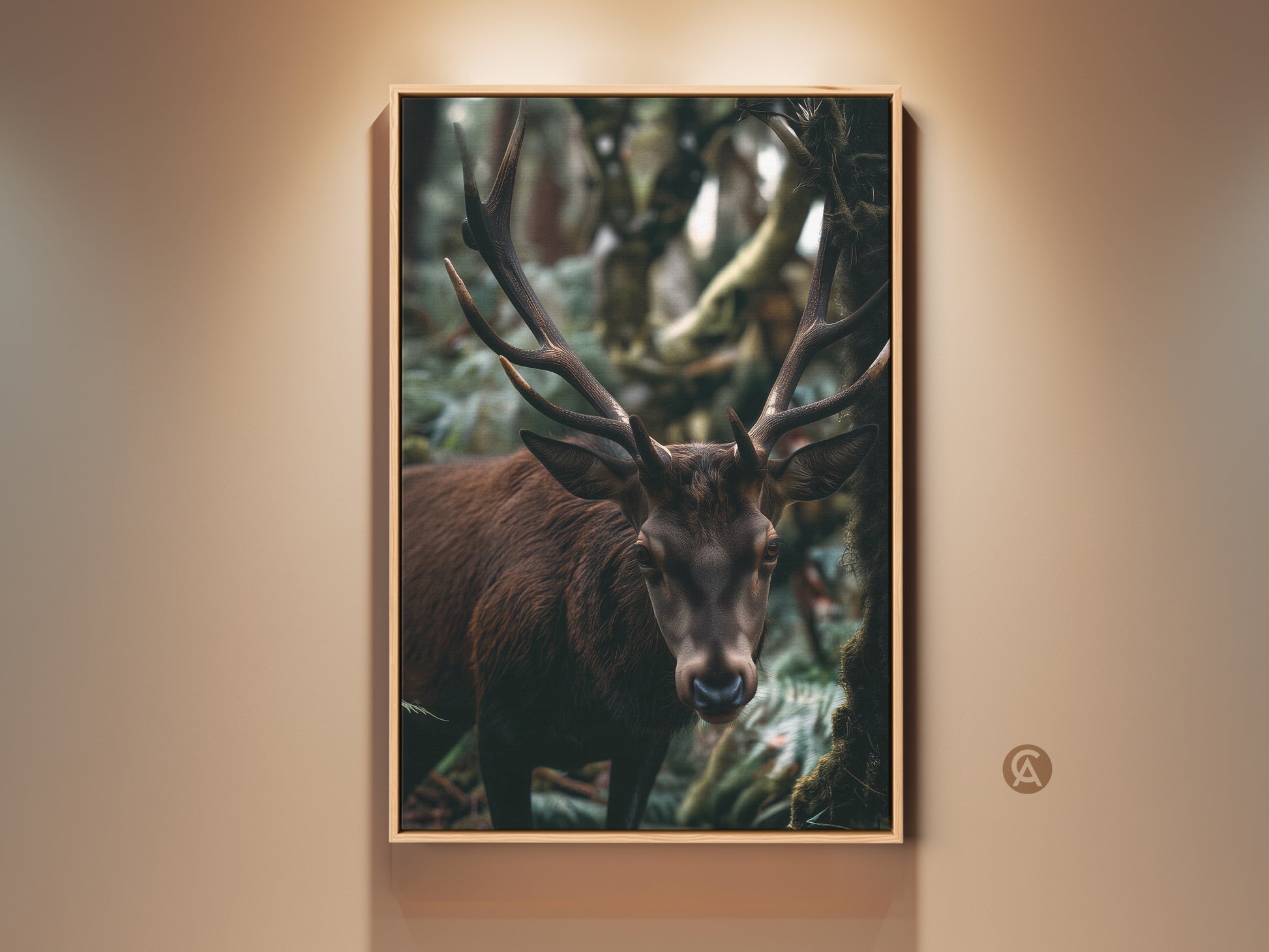 A majestic deer stands framed in a rustic forest. This wildlife photography print captures a serene scene. The artwork brings natural beauty to any room as antler home decor. The dark brown and green tones enhance its earthy appeal. It is an ideal housewarming present for nature lovers.