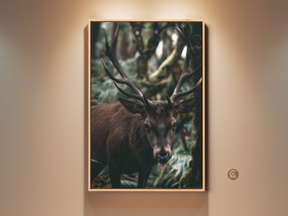 A majestic deer stands framed in a rustic forest. This wildlife photography print captures a serene scene. The artwork brings natural beauty to any room as antler home decor. The dark brown and green tones enhance its earthy appeal. It is an ideal housewarming present for nature lovers.