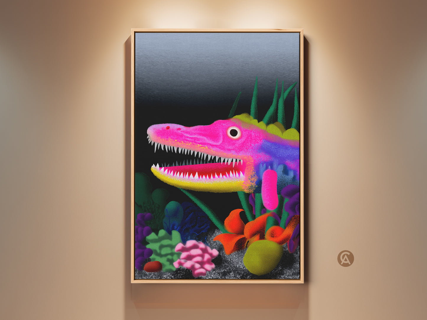 Hot Pink Yellow Purple Dragon Art in a frame. It's a surreal fantasy creature canvas print. The artwork features an underwater eclectic wall decor. This piece makes a great den art or gift for fantasy fan.