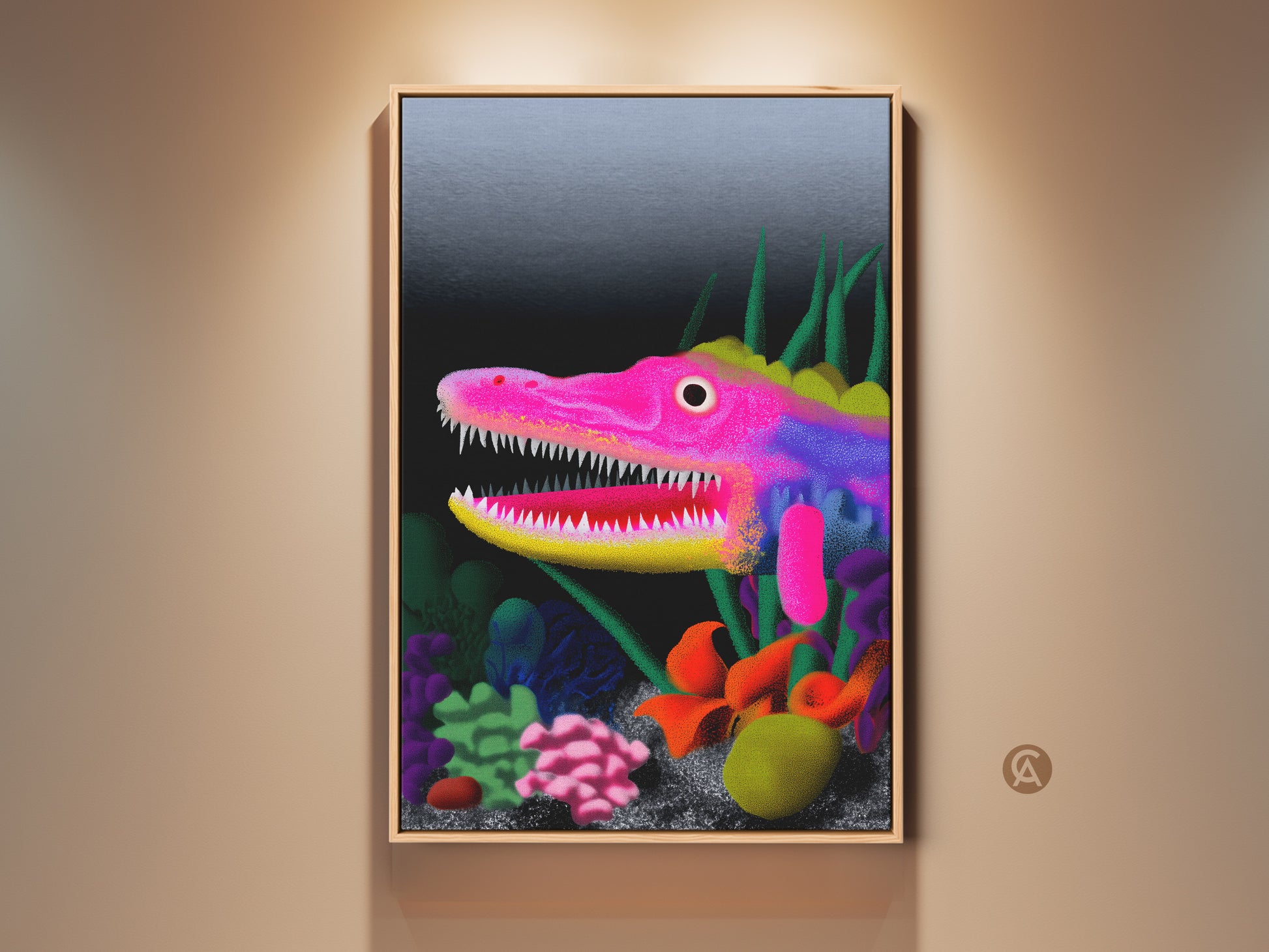 Hot Pink Yellow Purple Dragon Art in a frame. It's a surreal fantasy creature canvas print. The artwork features an underwater eclectic wall decor. This piece makes a great den art or gift for fantasy fan.