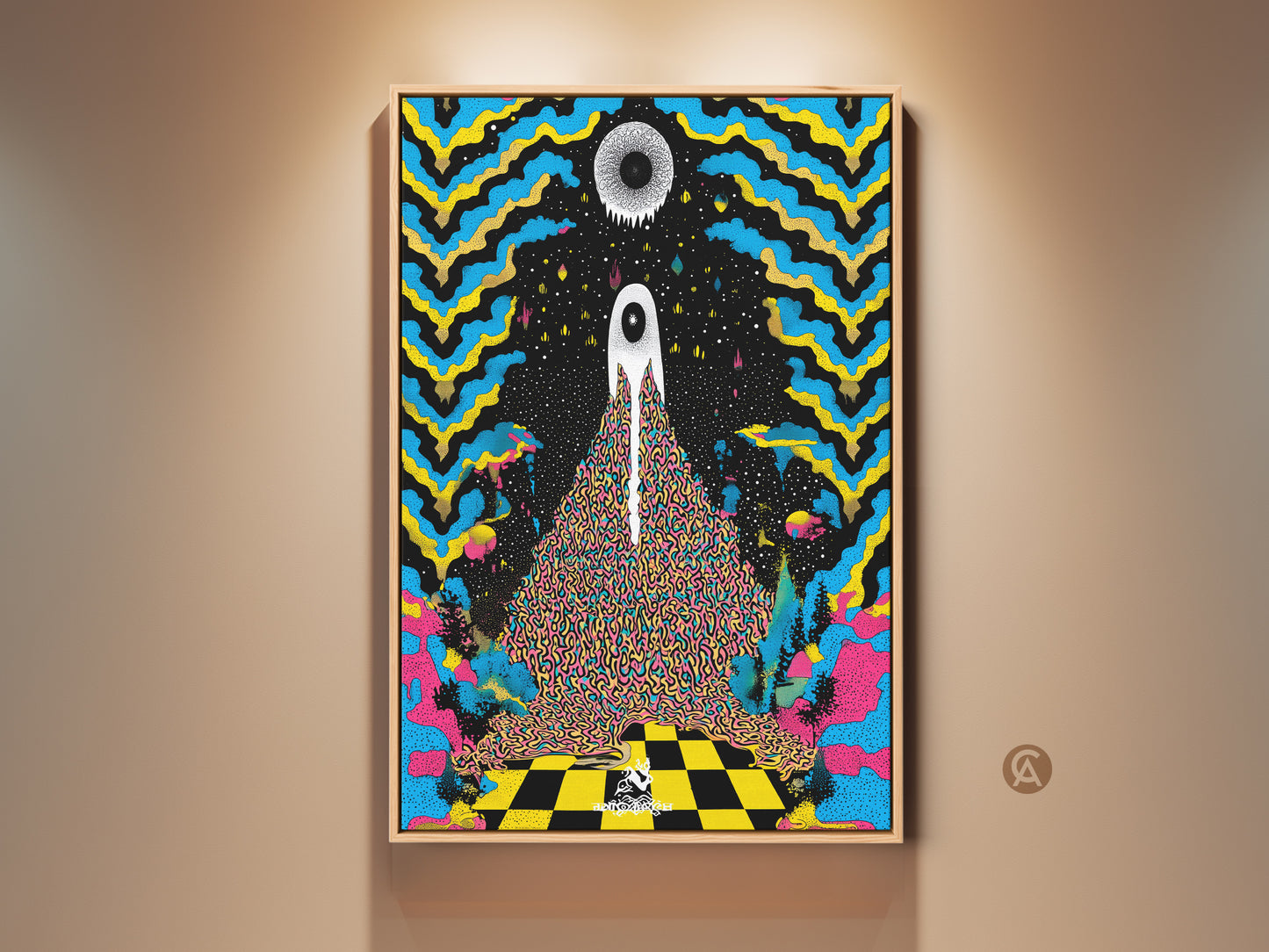 Framed surreal eye canvas artwork is vivid. This abstract psychedelic wall decor features blue yellow and black art elements. This eclectic piece makes a great gift. It adds a mind-bending touch to any art collection.