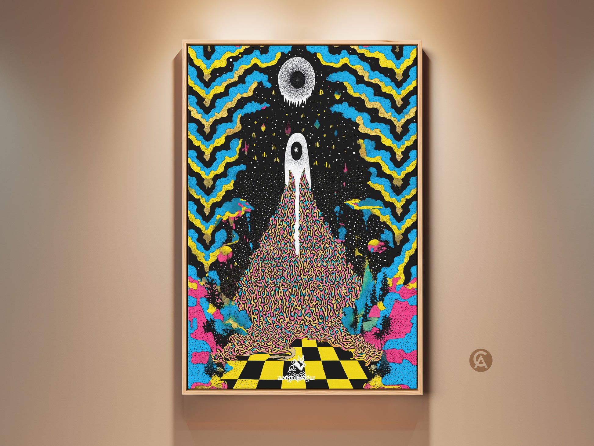 Framed surreal eye canvas artwork is vivid. This abstract psychedelic wall decor features blue yellow and black art elements. This eclectic piece makes a great gift. It adds a mind-bending touch to any art collection.