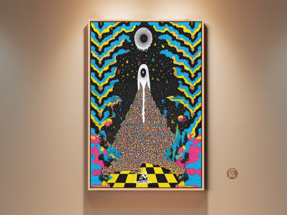 Framed surreal eye canvas artwork is vivid. This abstract psychedelic wall decor features blue yellow and black art elements. This eclectic piece makes a great gift. It adds a mind-bending touch to any art collection.
