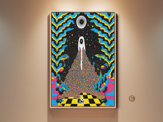 Framed surreal eye canvas artwork is vivid. This abstract psychedelic wall decor features blue yellow and black art elements. This eclectic piece makes a great gift. It adds a mind-bending touch to any art collection.