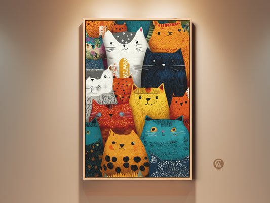 Framed eclectic cat art print on a beige wall. This colorful cat family wall decor adds a whimsical touch. The folk art style is perfect for cat lovers. It features orange teal and yellow hues. This animal art print is a unique gift idea for a cat mom or any pet lover.