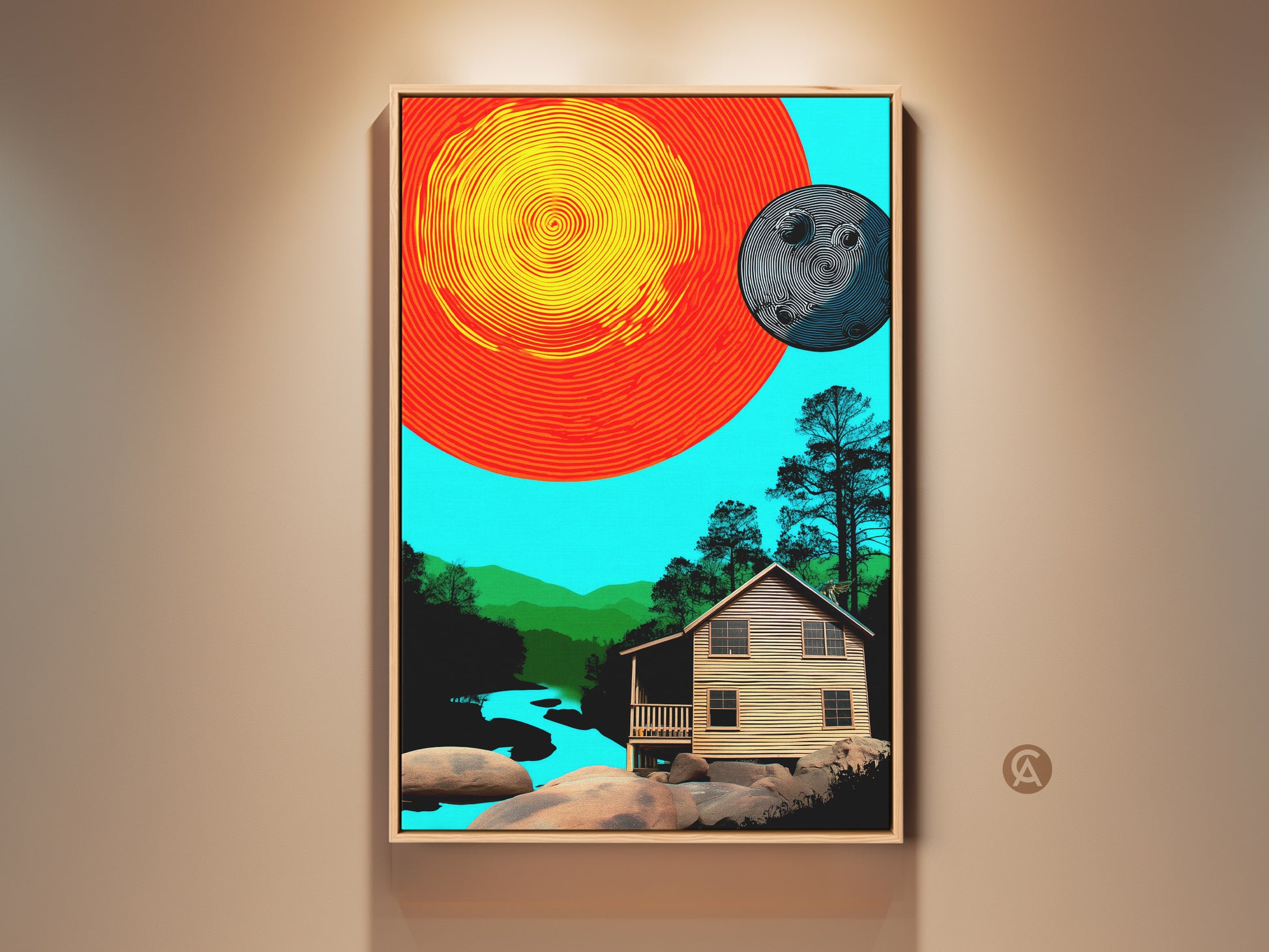 Framed abstract cabin landscape artwork with a retro sun and moon. The orange yellow and teal nature wall decor provides an eclectic home accent.  Modern art for housewarming. This art invokes vintage style and vibrant colors in a artistic outdoor scenic canvas print.
