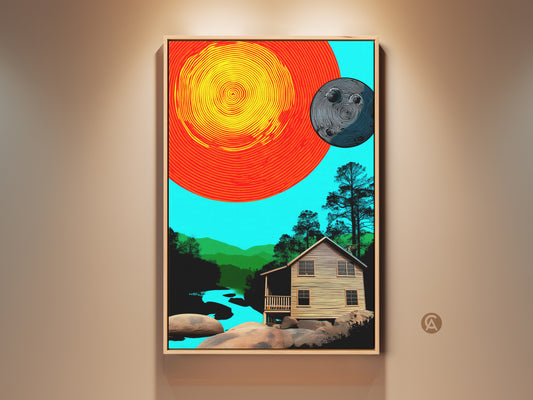 Framed abstract cabin landscape artwork with a retro sun and moon. The orange yellow and teal nature wall decor provides an eclectic home accent.  Modern art for housewarming. This art invokes vintage style and vibrant colors in a artistic outdoor scenic canvas print.