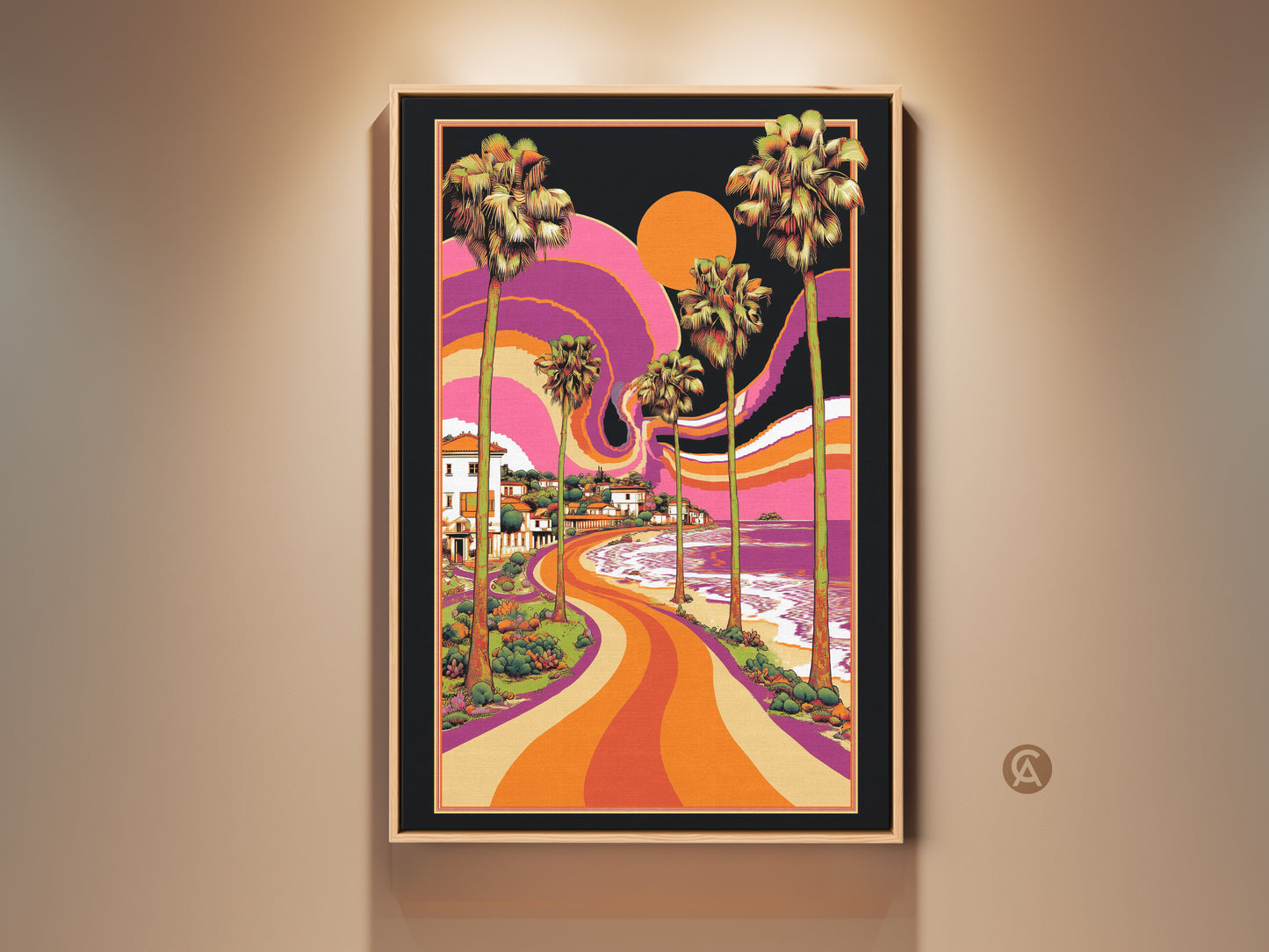 Retro coastal landscape art print. This canvas art captures a psychedelic beach scene. It features vibrant orange purple yellow decor and palm trees. Add a touch of vintage charm to your home with this retro wall art. Perfect boho decor for any space.
