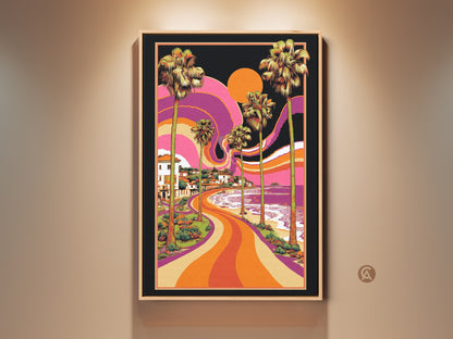 Retro coastal landscape art print. This canvas art captures a psychedelic beach scene. It features vibrant orange purple yellow decor and palm trees. Add a touch of vintage charm to your home with this retro wall art. Perfect boho decor for any space.
