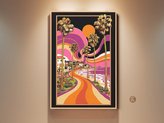 Retro coastal landscape art print. This canvas art captures a psychedelic beach scene. It features vibrant orange purple yellow decor and palm trees. Add a touch of vintage charm to your home with this retro wall art. Perfect boho decor for any space.