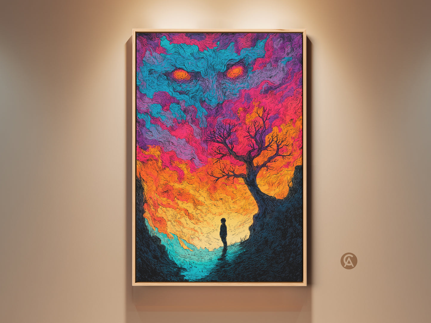 Gallery display of framed artwork. Vivid colors depict a surreal landscape with a looming monster in the sky. A lone figure stands beneath a stark tree on a cliff. This captivating piece is perfect for adding drama to any room. It's available as a canvas or poster print.