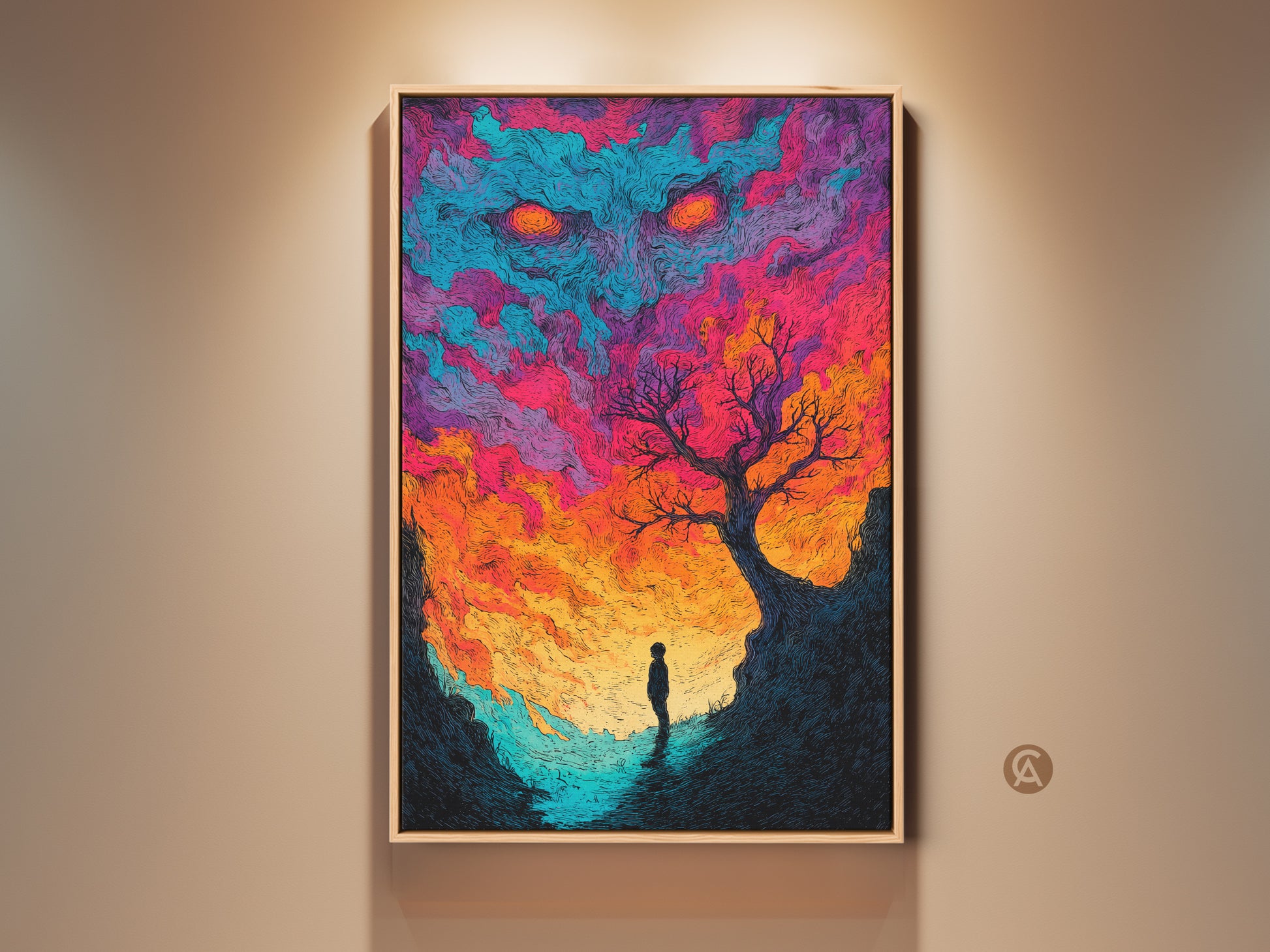 Gallery display of framed artwork. Vivid colors depict a surreal landscape with a looming monster in the sky. A lone figure stands beneath a stark tree on a cliff. This captivating piece is perfect for adding drama to any room. It's available as a canvas or poster print.