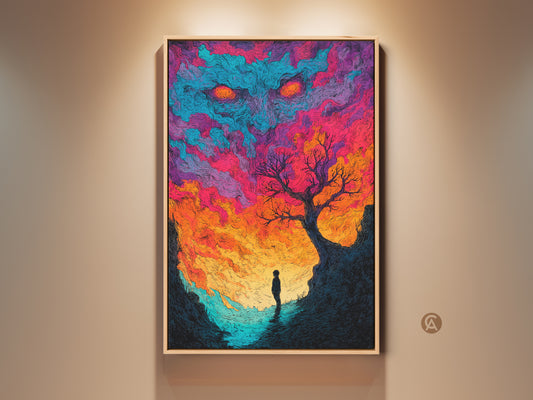 Gallery display of framed artwork. Vivid colors depict a surreal landscape with a looming monster in the sky. A lone figure stands beneath a stark tree on a cliff. This captivating piece is perfect for adding drama to any room. It's available as a canvas or poster print.