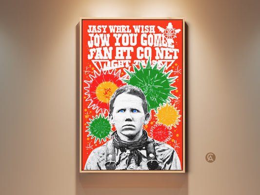 Framed abstract man portrait wall art. The artwork has a virus theme. It is a pop art style red and green canvas print. Ideal study and office decor. A creative eclectic look.