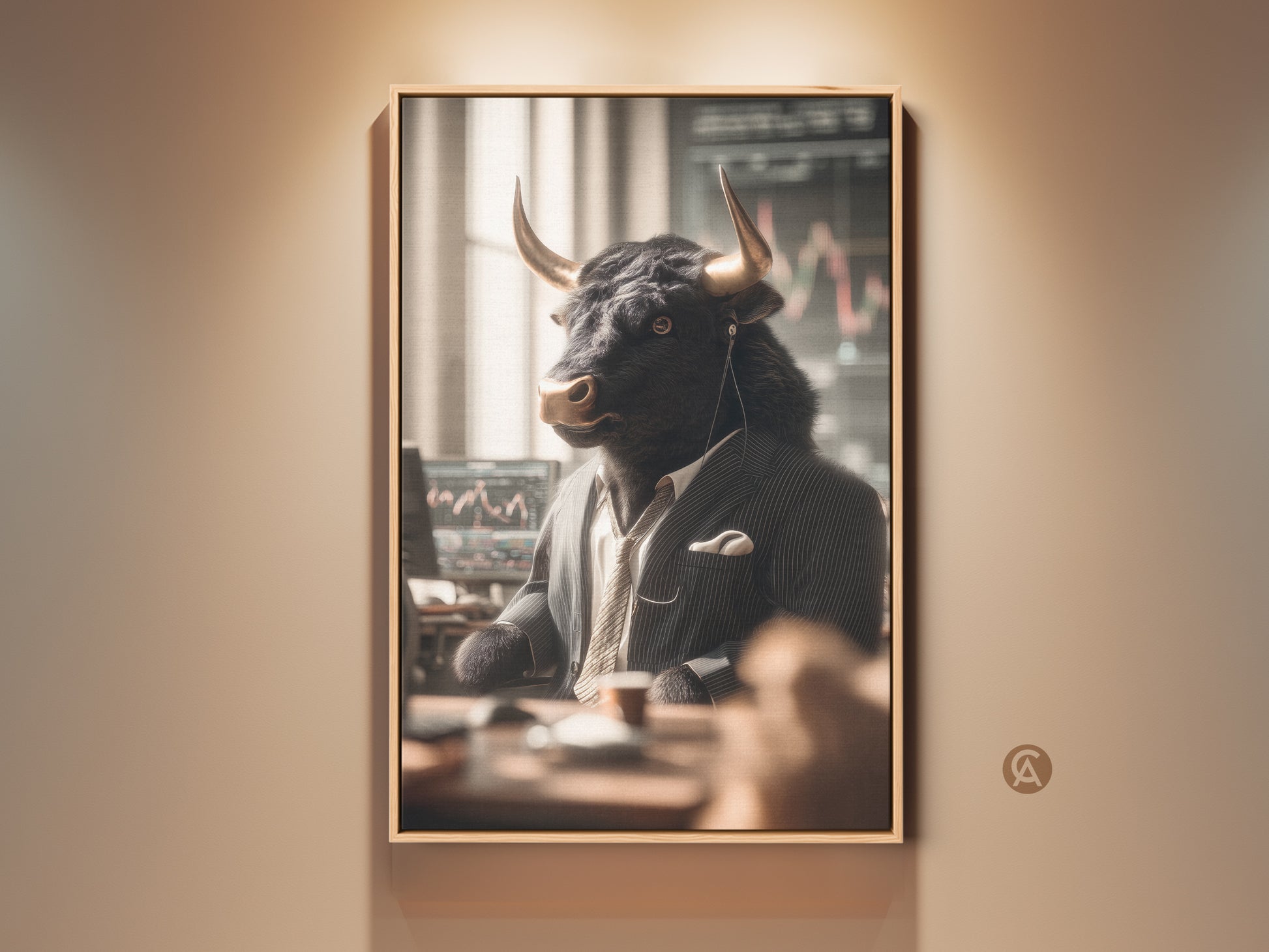 Framed artwork of a bull dressed as a Wall Street trader. The bull is wearing a suit and tie. He's sitting at a desk with computer screens showing stock charts. This unique art piece adds character to any office or home decor.