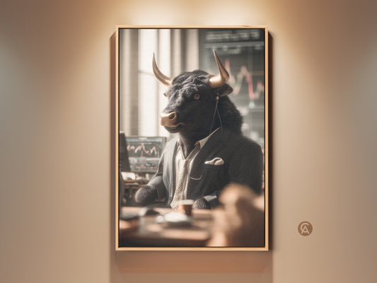 Framed artwork of a bull dressed as a Wall Street trader. The bull is wearing a suit and tie. He's sitting at a desk with computer screens showing stock charts. This unique art piece adds character to any office or home decor.