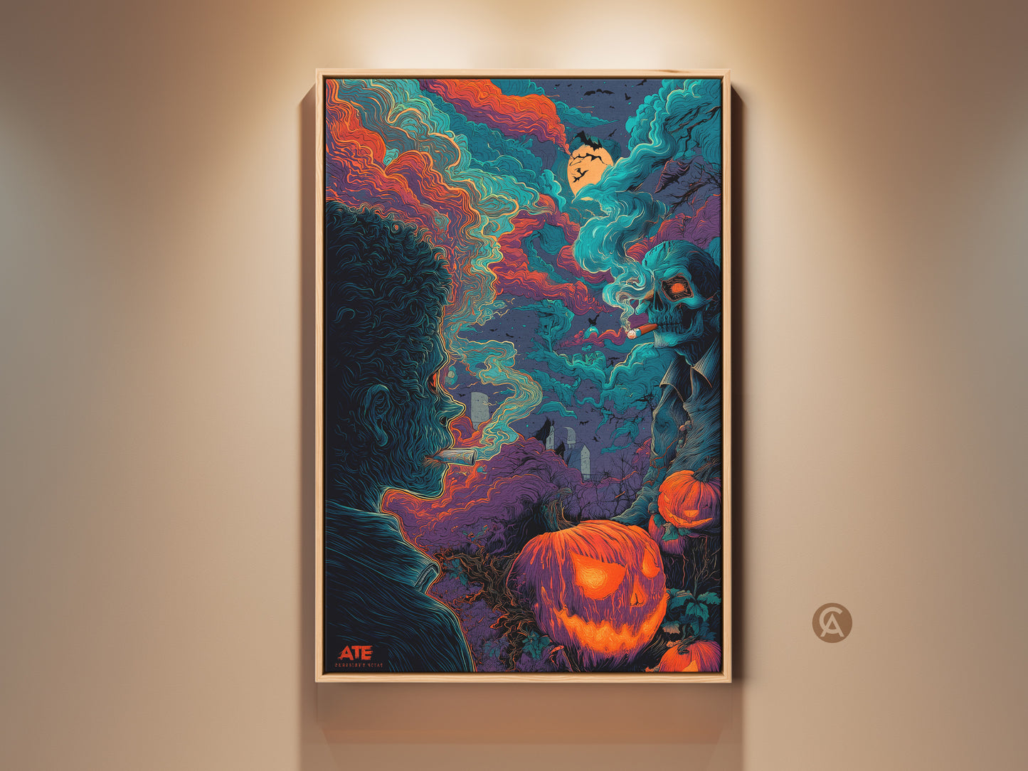 Framed Halloween art print. This artwork features a man smoking while a skeleton with a cigar stands next to jack-o-lanterns. Hang this canvas in your home. A spooky addition for the Halloween season.