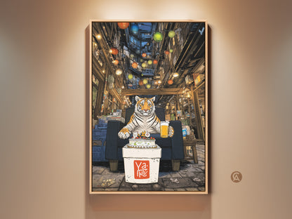 Vibrant comic artwork features a tiger celebrating a birthday in an urban alley. Lanterns light the eclectic scene. A unique tiger print perfect for animal lovers. It adds urban flair to any space. This is a fantastic conversation starter. A memorable birthday gift.