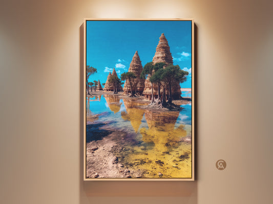Eclectic wall art print featuring a surreal temple landscape. The Art Nouveau travel poster presents blue brown and yellow tones. The art is framed and makes a unique housewarming gift for travelers. Entry hall landscape decor with scenic water reflections creates a worldly home accent.