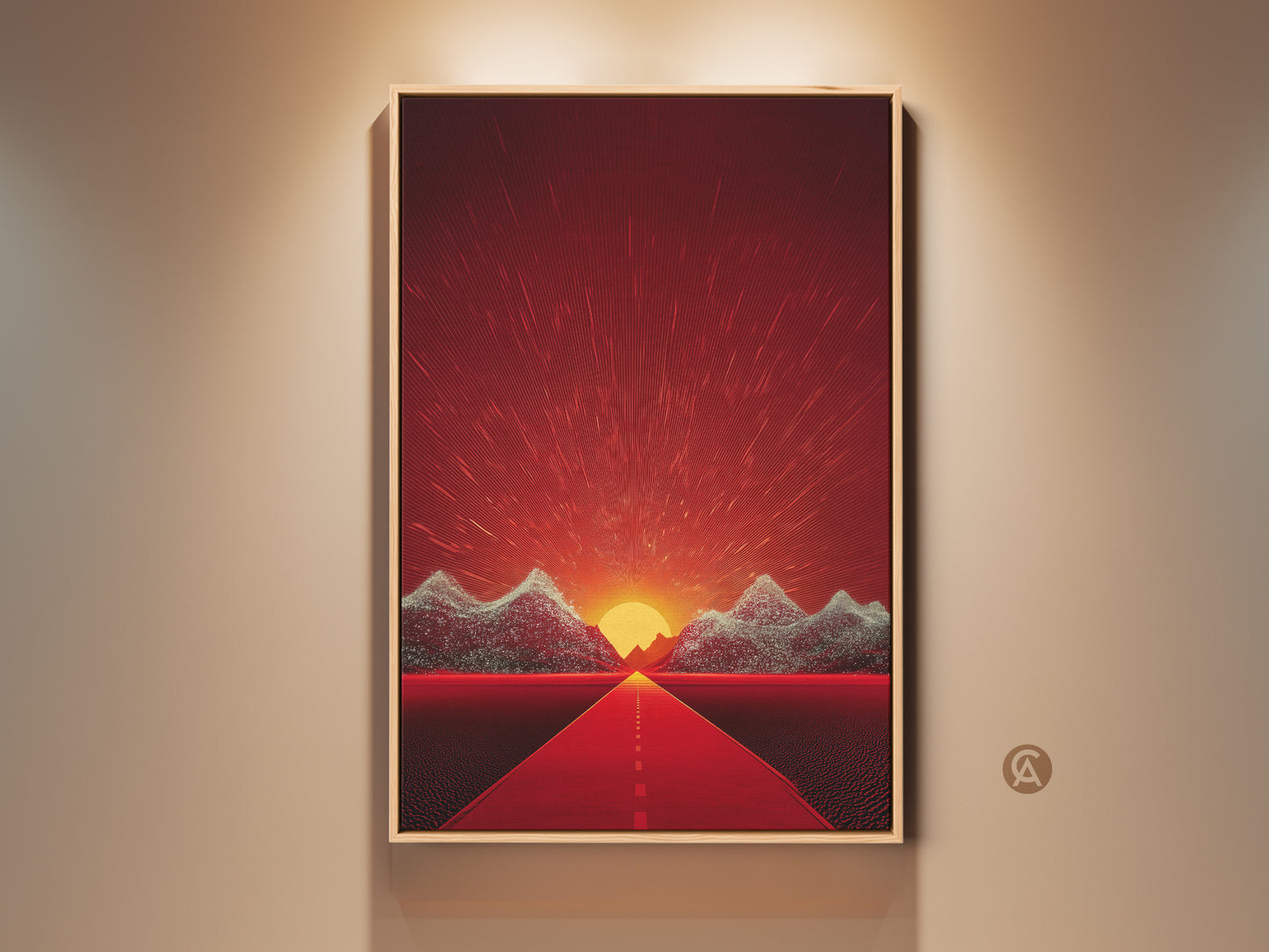 Retro Futurism Road Sunset Canvas Print. This Abstract Landscape Art features a road leading to red orange mountains. A unique piece of Eclectic Wall Decor that brings an adventurous travel themed spirit to any room.
