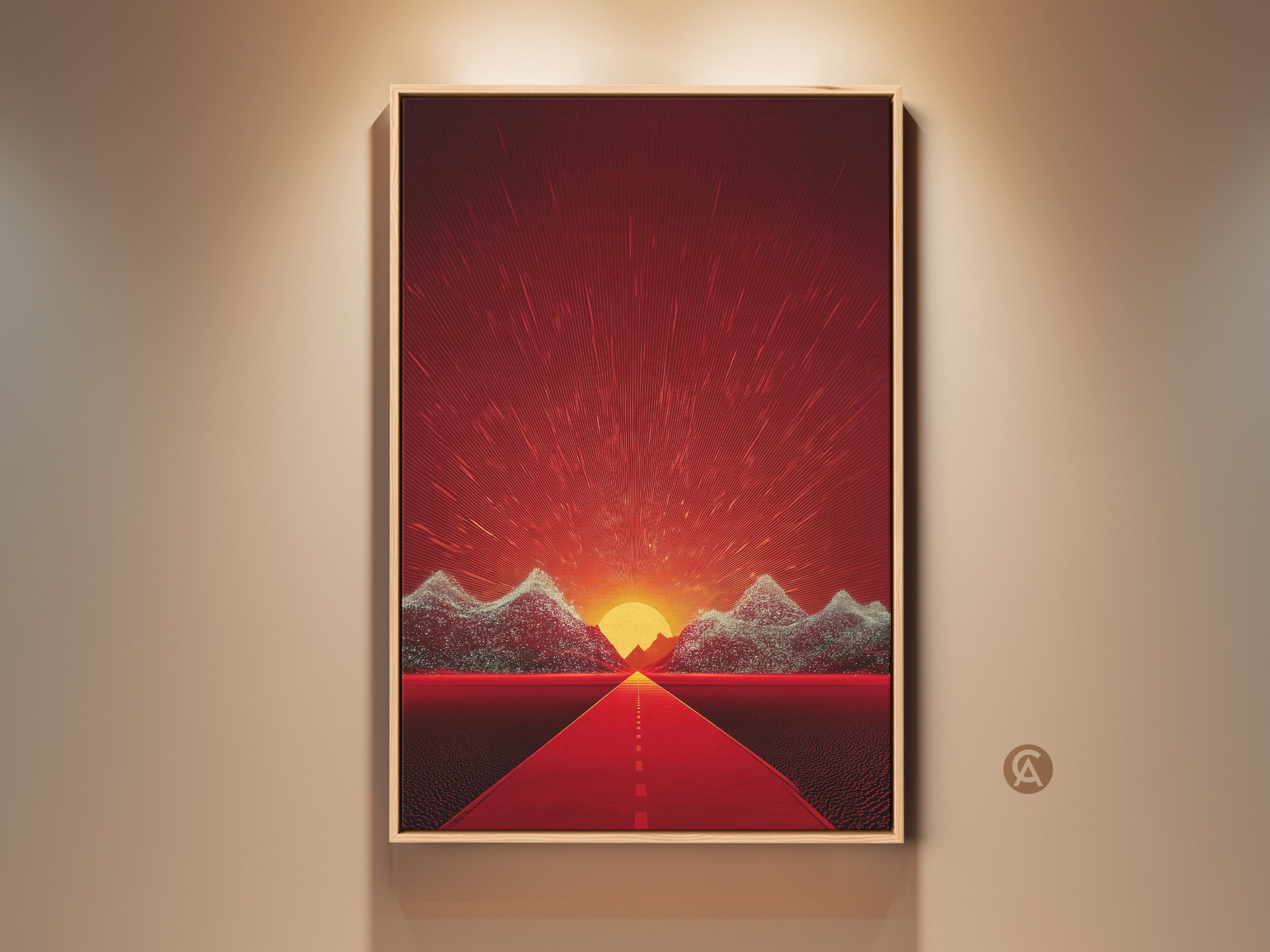 Retro Futurism Road Sunset Canvas Print. This Abstract Landscape Art features a road leading to red orange mountains. A unique piece of Eclectic Wall Decor that brings an adventurous travel themed spirit to any room.