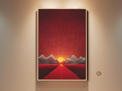 Retro Futurism Road Sunset Canvas Print. This Abstract Landscape Art features a road leading to red orange mountains. A unique piece of Eclectic Wall Decor that brings an adventurous travel themed spirit to any room.