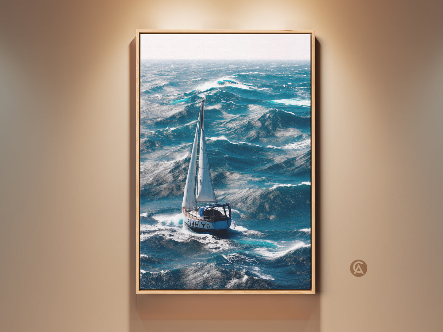 Framed coastal canvas print featuring a nautical sailboat on ocean waves. The deep blue seascape wall art captures maritime adventure decor. Perfect for adding a touch of the sea to any room. This piece brings the essence of sailing into your home or office.