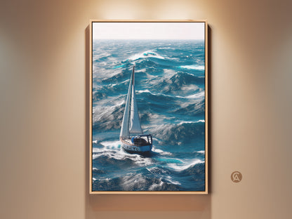 Framed coastal canvas print featuring a nautical sailboat on ocean waves. The deep blue seascape wall art captures maritime adventure decor. Perfect for adding a touch of the sea to any room. This piece brings the essence of sailing into your home or office.