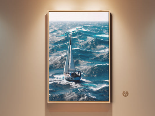 Framed coastal canvas print featuring a nautical sailboat on ocean waves. The deep blue seascape wall art captures maritime adventure decor. Perfect for adding a touch of the sea to any room. This piece brings the essence of sailing into your home or office.