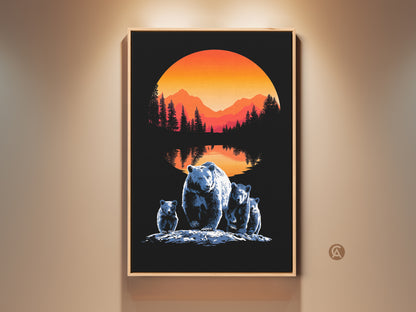 A framed minimalist bear family wall art piece hangs on a beige wall. The mountain sunset landscape canvas features a nature scenery poster look. A modern farmhouse decor style is visible. This artwork makes a thoughtful gift for outdoor lovers seeking wildlife inspired art.