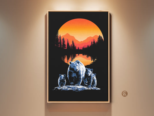 A framed minimalist bear family wall art piece hangs on a beige wall. The mountain sunset landscape canvas features a nature scenery poster look. A modern farmhouse decor style is visible. This artwork makes a thoughtful gift for outdoor lovers seeking wildlife inspired art.