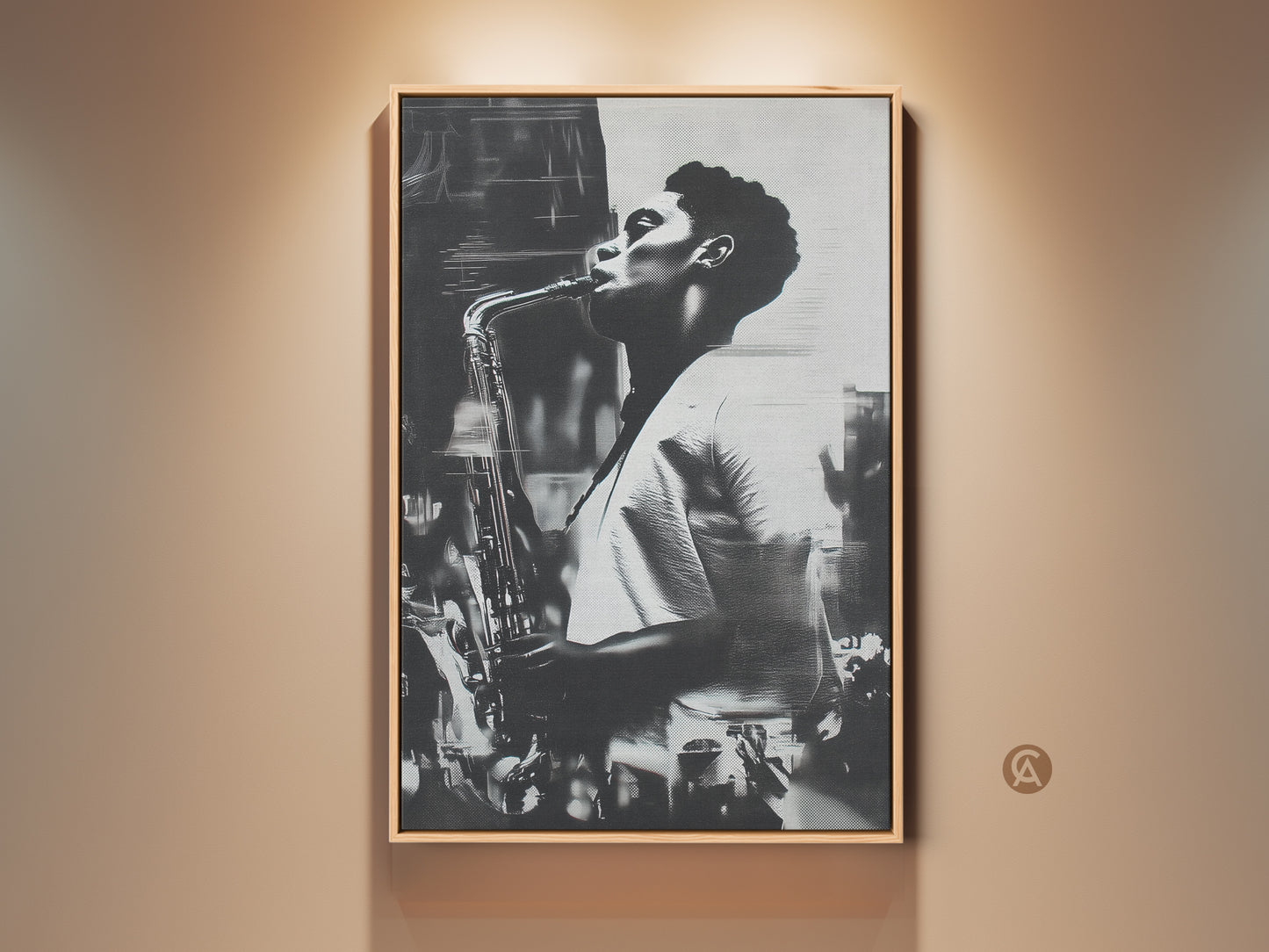 Framed canvas art featuring a black and white portrait of a man playing the saxophone. The artwork adds a touch of musical elegance to any space. Perfect for music lovers. Gallery quality framed canvas adds sophistication. Order yours today
