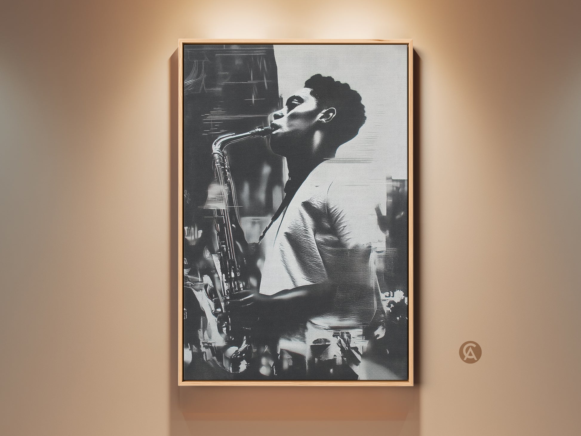 Framed canvas art featuring a black and white portrait of a man playing the saxophone. The artwork adds a touch of musical elegance to any space. Perfect for music lovers. Gallery quality framed canvas adds sophistication. Order yours today